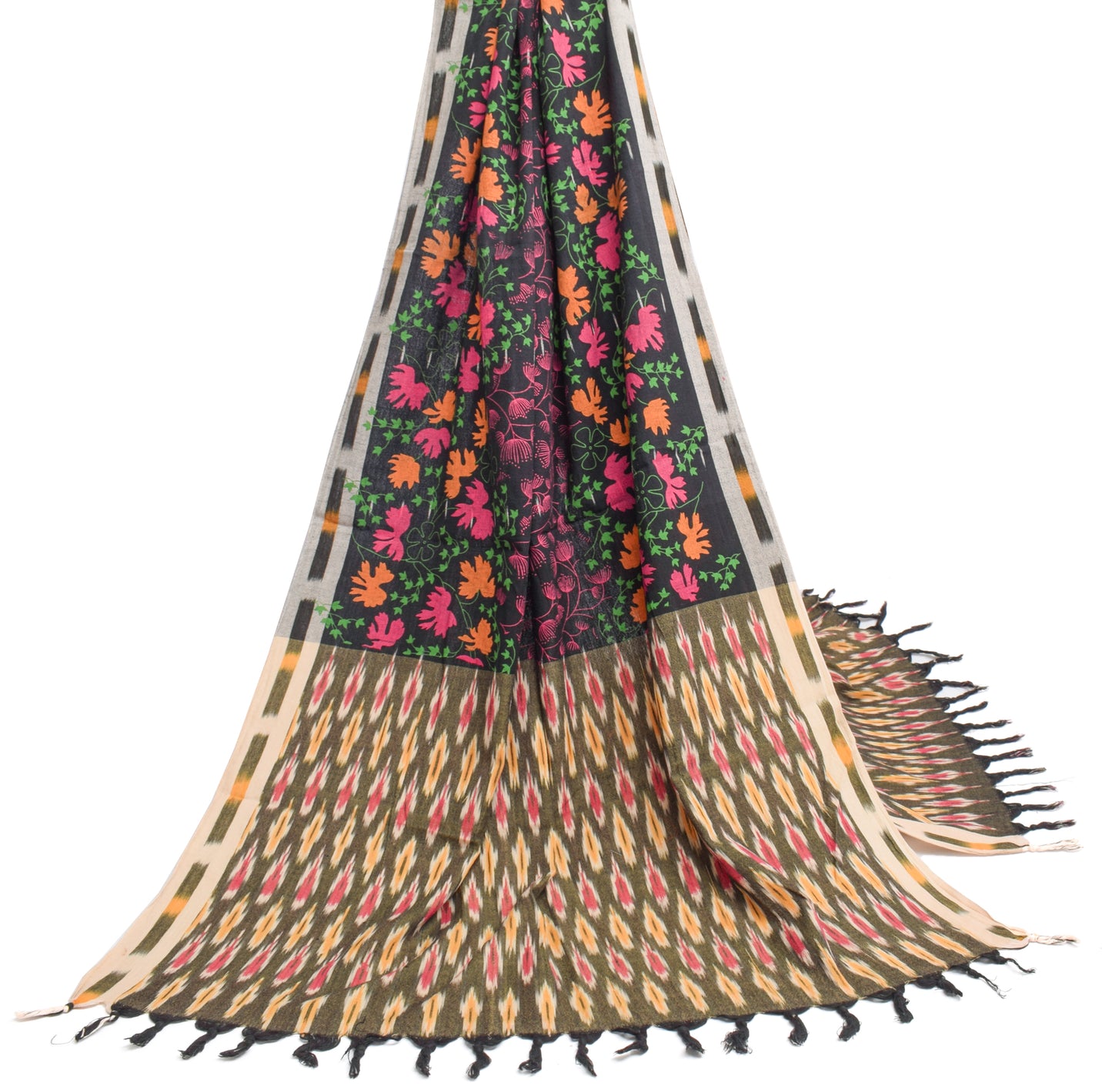 Sushila Vintage Black Dupatta 100% Pure Cotton Hand Woven Ikkat Long Stole Wrap