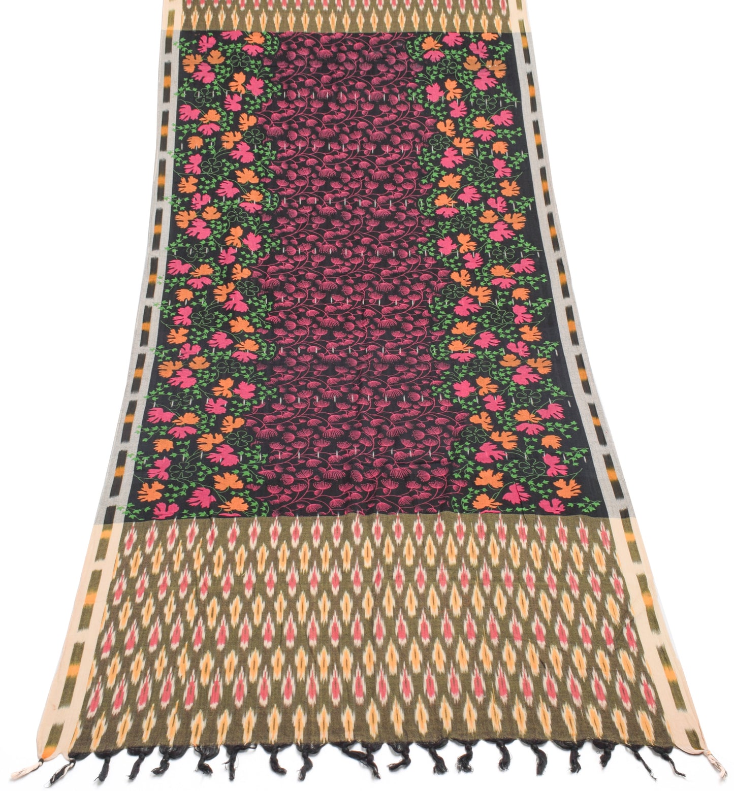 Sushila Vintage Black Dupatta 100% Pure Cotton Hand Woven Ikkat Long Stole Wrap