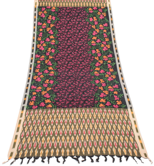 Sushila Vintage Black Dupatta 100% Pure Cotton Hand Woven Ikkat Long Stole Wrap