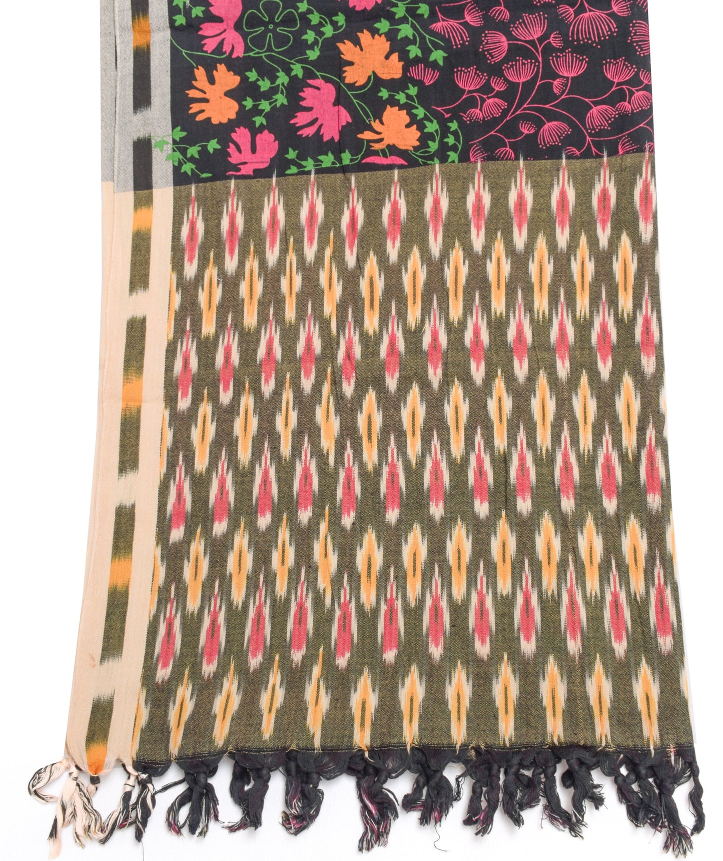 Sushila Vintage Black Dupatta 100% Pure Cotton Hand Woven Ikkat Long Stole Wrap