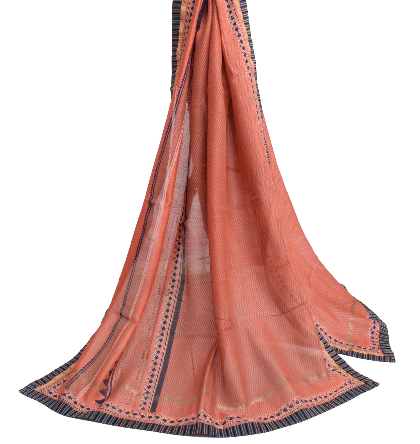 Sushila Vintage Peach Dupatta 100% Pure Silk Hand Block Printed Long Stole Wrap