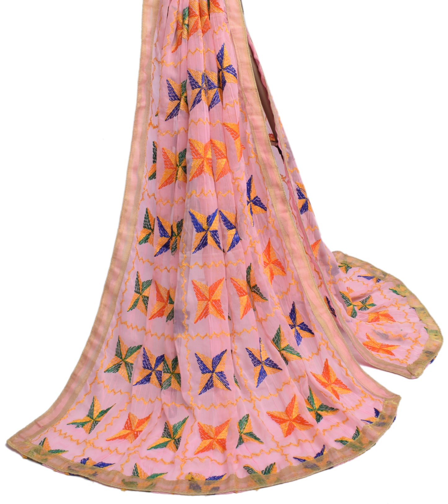 Sushila Vintage Pink Dupatta Blend Chiffon Silk Phulkari Embroidered Long Stole