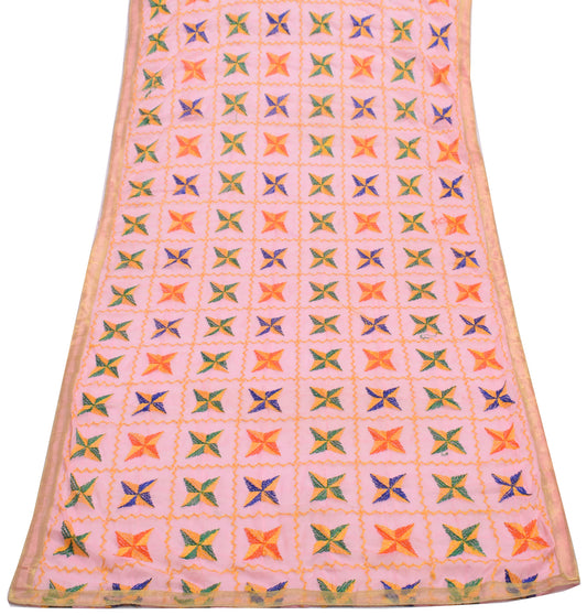 Sushila Vintage Pink Dupatta Blend Chiffon Silk Phulkari Embroidered Long Stole