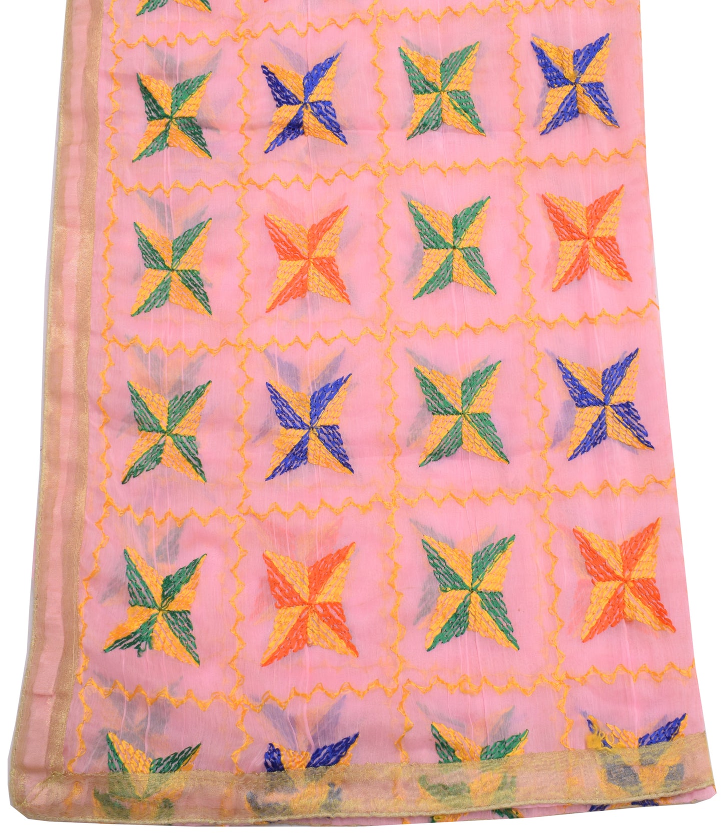Sushila Vintage Pink Dupatta Blend Chiffon Silk Phulkari Embroidered Long Stole