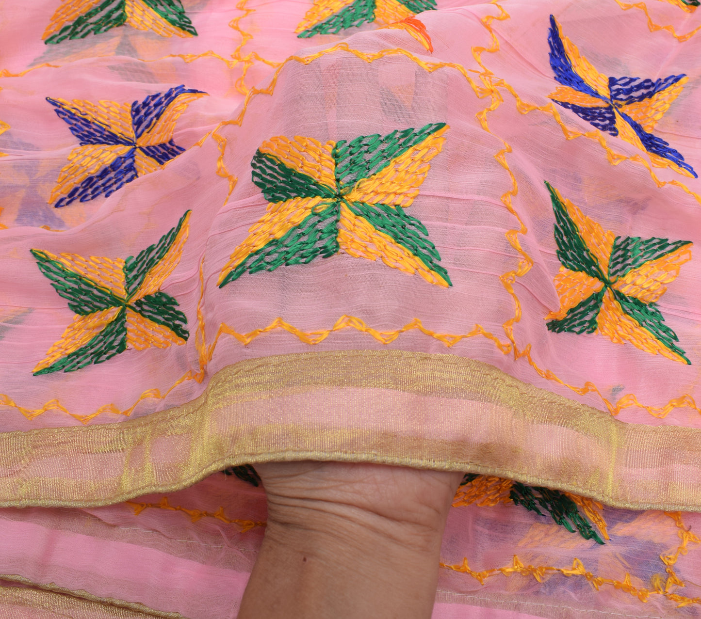Sushila Vintage Pink Dupatta Blend Chiffon Silk Phulkari Embroidered Long Stole