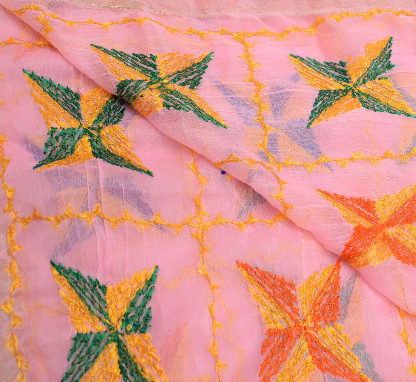 Sushila Vintage Pink Dupatta Blend Chiffon Silk Phulkari Embroidered Long Stole