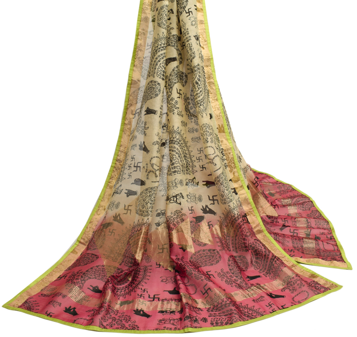 Sushila Vintage Cream Indian Dupatta Blend Cotton Humans Printed Long Stole Wrap