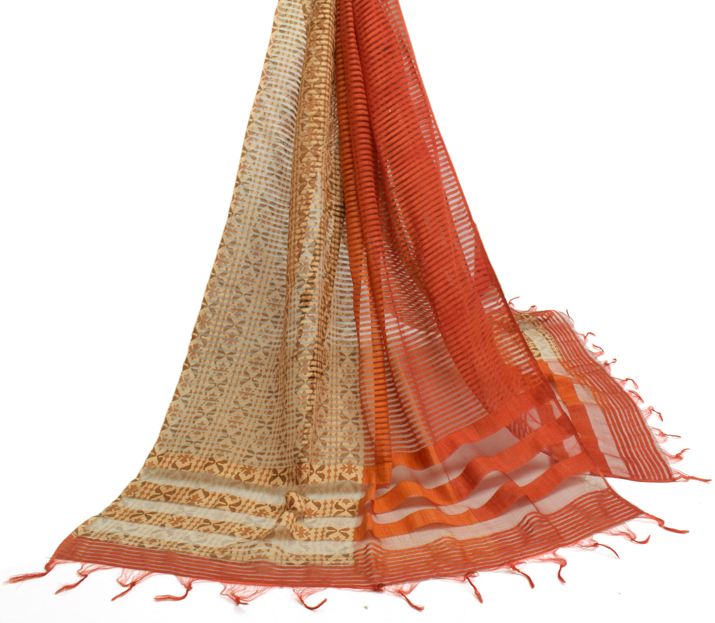 Sushila Vintage Indian Dupatta 100% Pure Silk Woven Strips Long Stole Veil Wrap