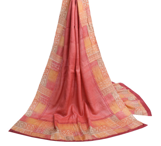 Sushila Vintage Peach Dupatta 100% Pure Silk Printed Strips Long Stole Veil Wrap