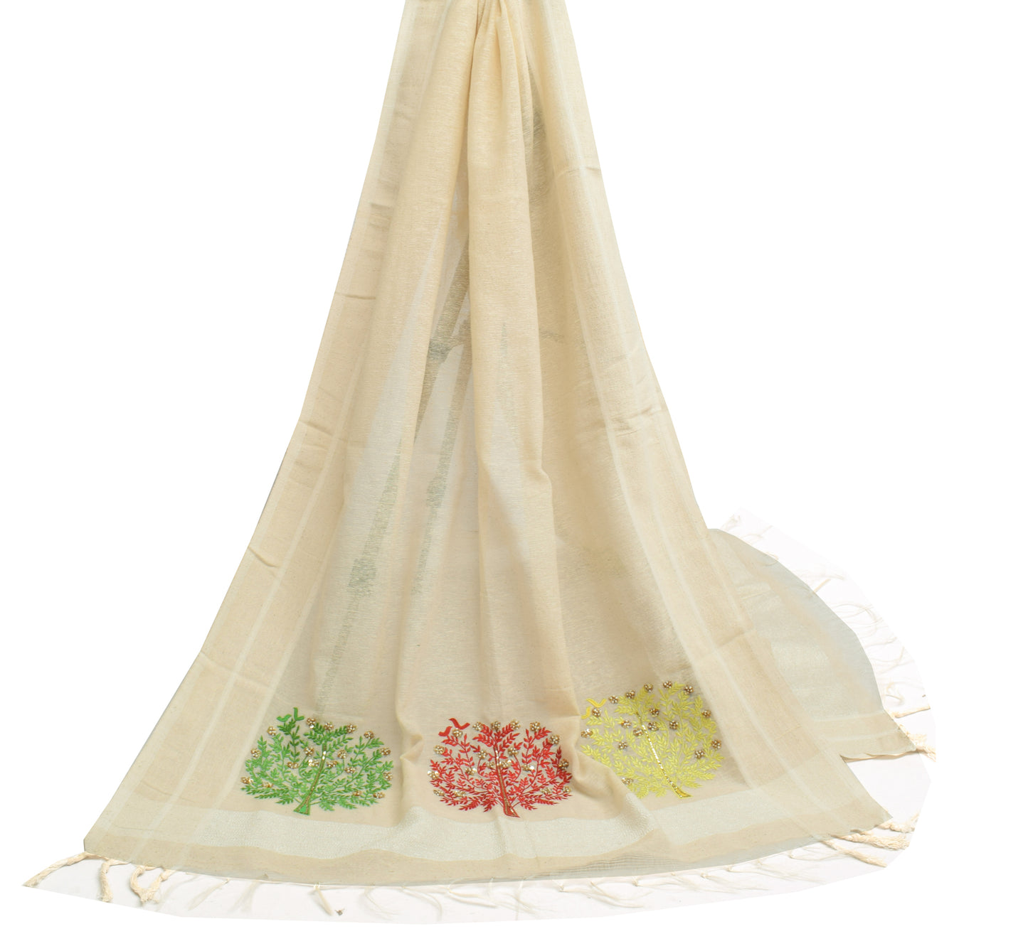 Sushila Vintage Cream Indian Dupatta Blend Cotton Woven Floral Long Stole Wrap