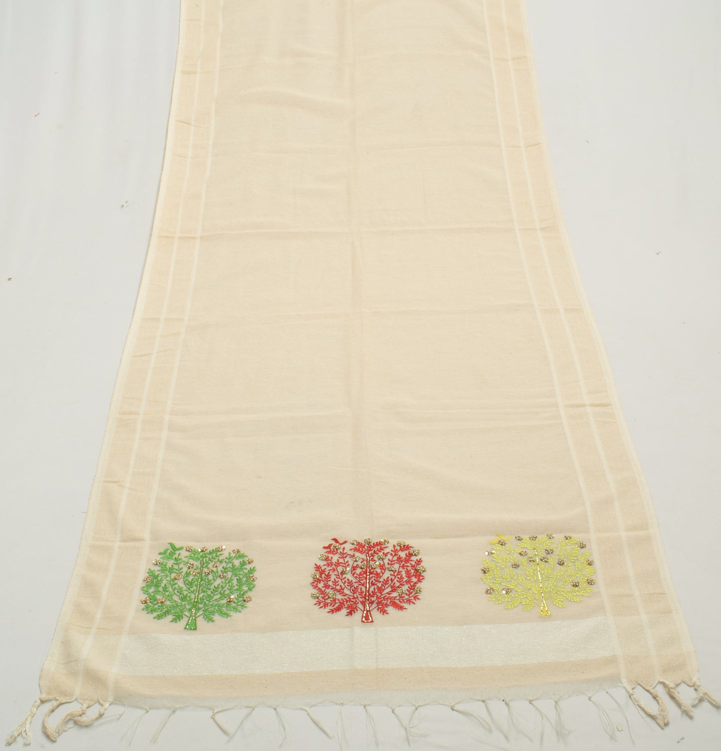 Sushila Vintage Cream Indian Dupatta Blend Cotton Woven Floral Long Stole Wrap