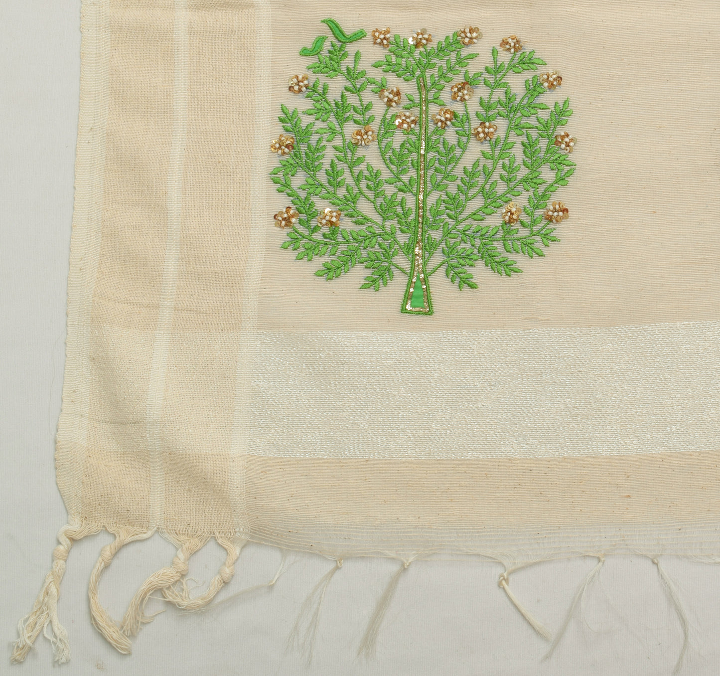 Sushila Vintage Cream Indian Dupatta Blend Cotton Woven Floral Long Stole Wrap