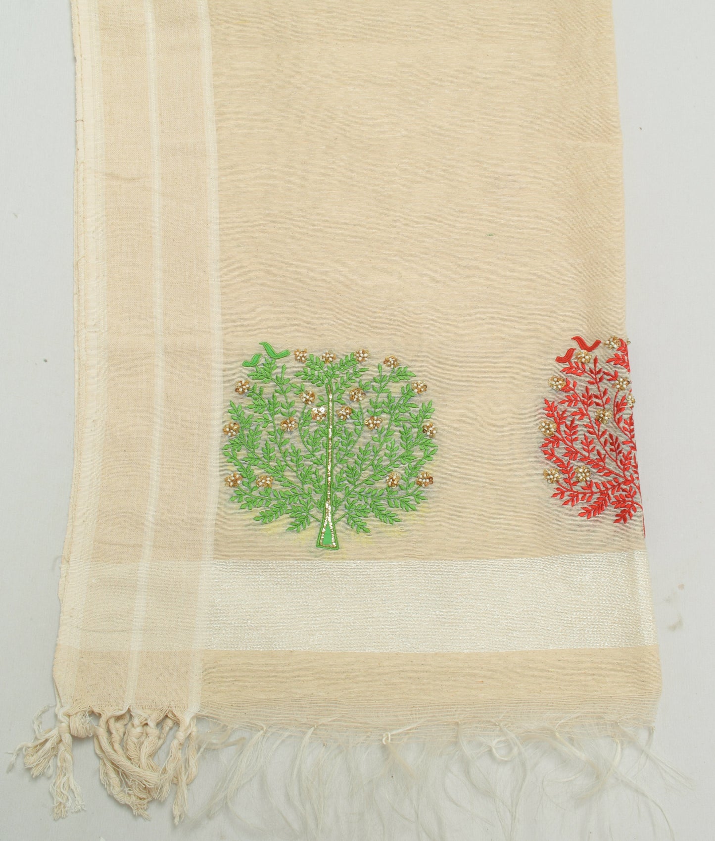 Sushila Vintage Cream Indian Dupatta Blend Cotton Woven Floral Long Stole Wrap