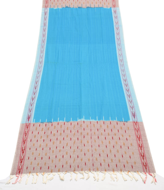 Sushila Vintage Turquoise Blue Dupatta Pure Cotton Hand Woven Ikkat Long Stole