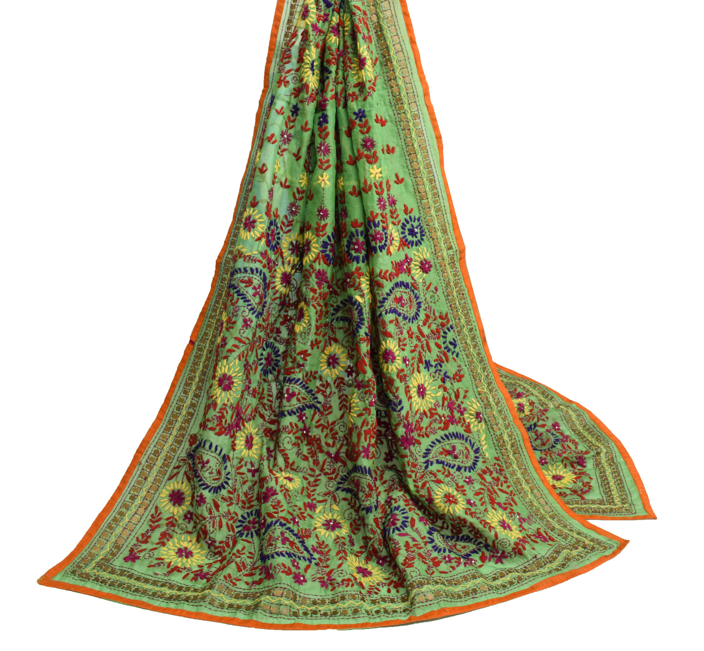 Sushila Vintage Green Dupatta Blend Silk Hand Embroidered Floral Long Stole Wrap