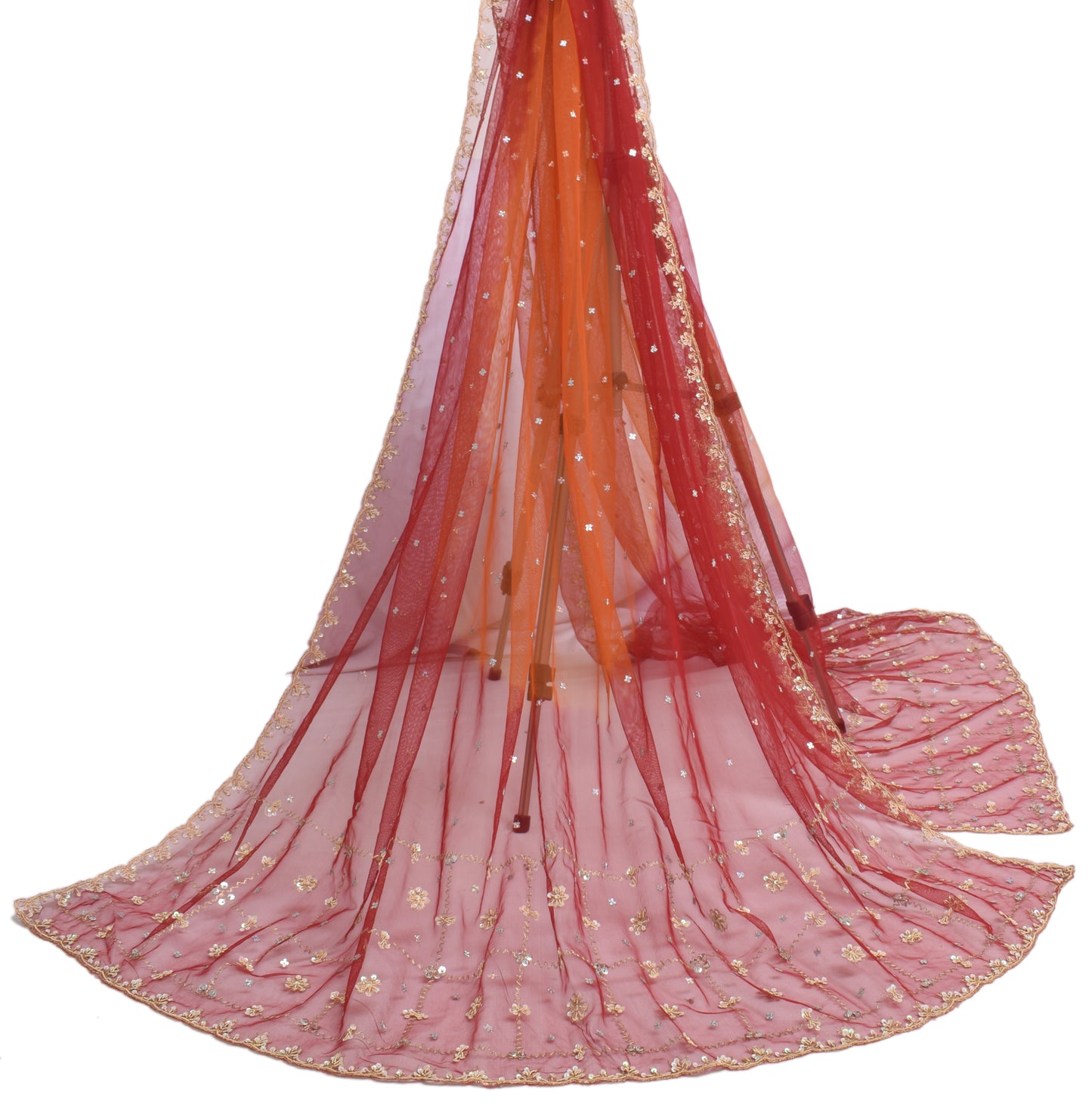 Sushila Vintage Orange Dupatta Net Mesh Hand Beaded Floral Long Stole Scarves