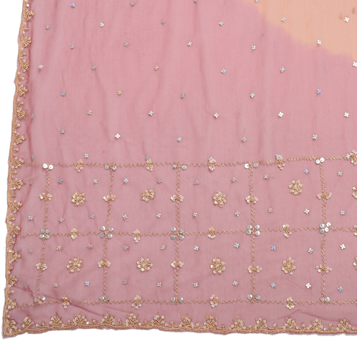 Sushila Vintage Orange Dupatta Net Mesh Hand Beaded Floral Long Stole Scarves