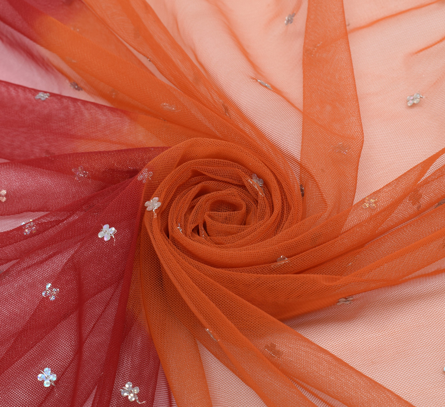 Sushila Vintage Orange Dupatta Net Mesh Hand Beaded Floral Long Stole Scarves