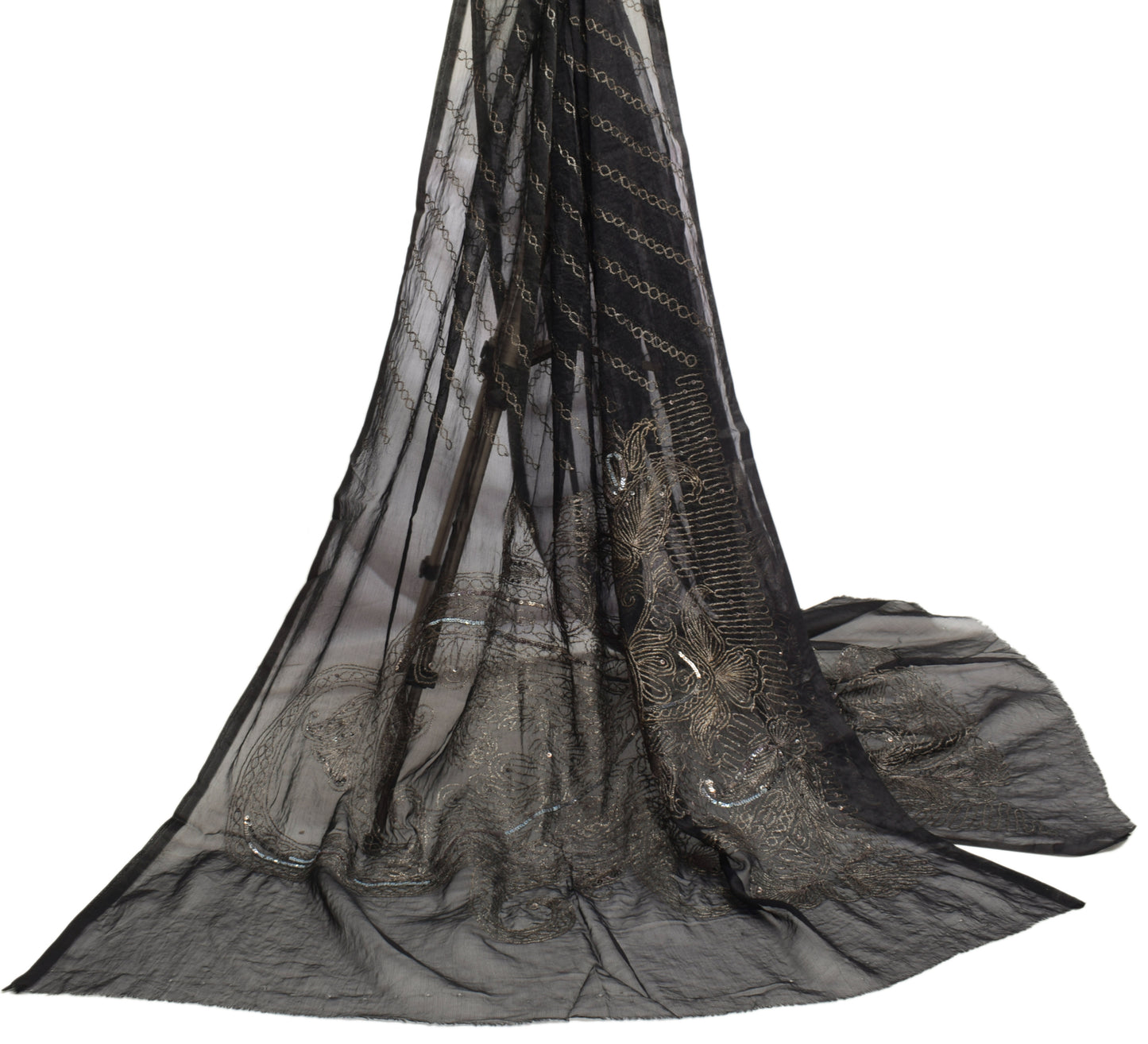 Sushila Vintage Black Dupatta Blend Chiffon Silk Hand Beaded Floral Long Stole