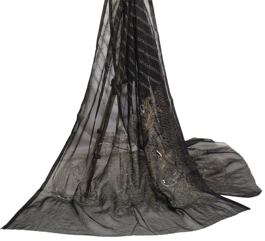 Sushila Vintage Black Dupatta Blend Chiffon Silk Hand Beaded Floral Long Stole