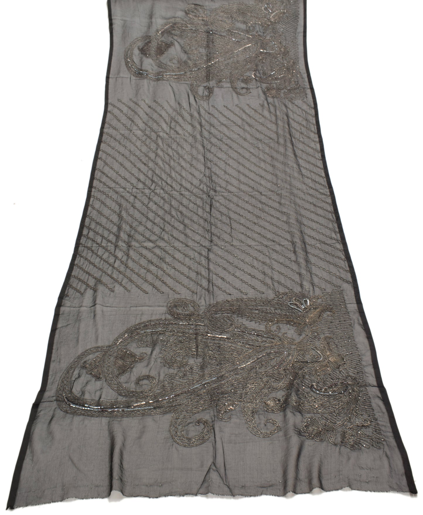 Sushila Vintage Black Dupatta Blend Chiffon Silk Hand Beaded Floral Long Stole