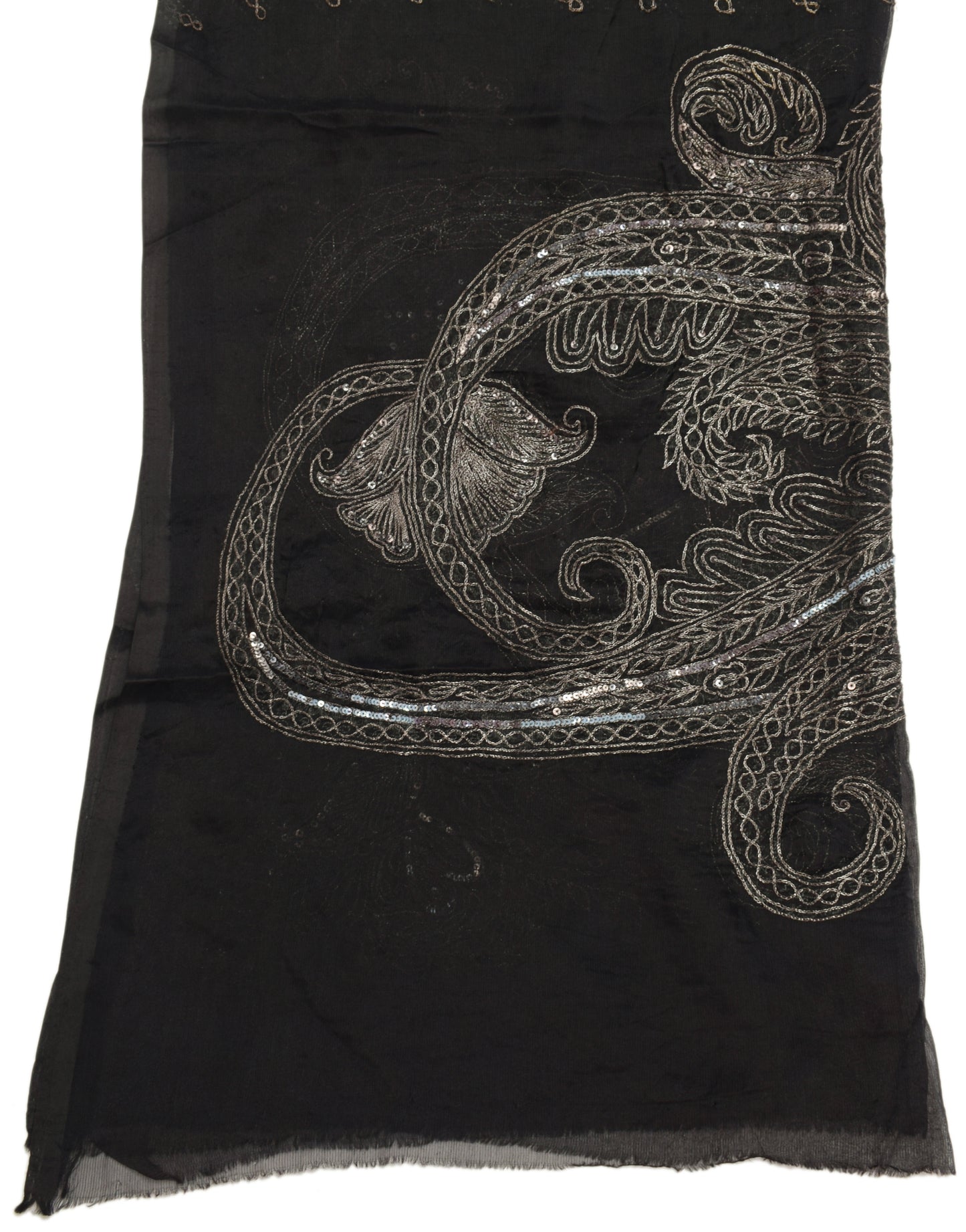 Sushila Vintage Black Dupatta Blend Chiffon Silk Hand Beaded Floral Long Stole
