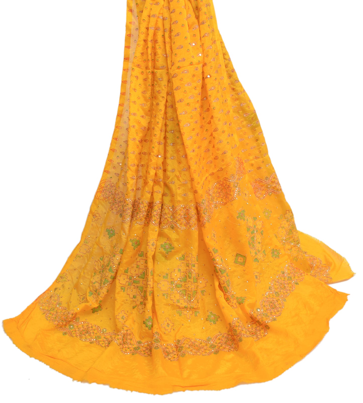 Sushila Vintage Dark Yellow Dupatta Art Silk Hand Beaded Long Stole Scarves Wrap