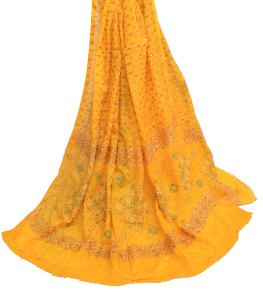 Sushila Vintage Dark Yellow Dupatta Art Silk Hand Beaded Long Stole Scarves Wrap