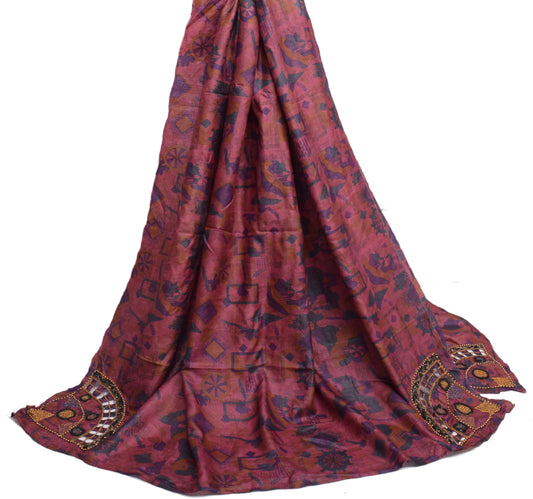 Sushila Vintage Dark Pink Indian Dupatta 100% Pure Silk Printed Long Stole Hijab