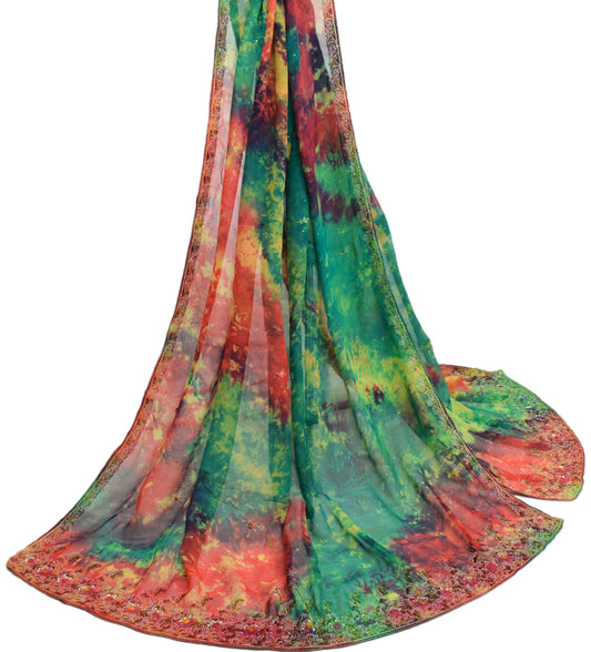 Sushila Vintage Multi-Color Tie-Dye Dupatta 100% Pure Georgette Silk Long Stole