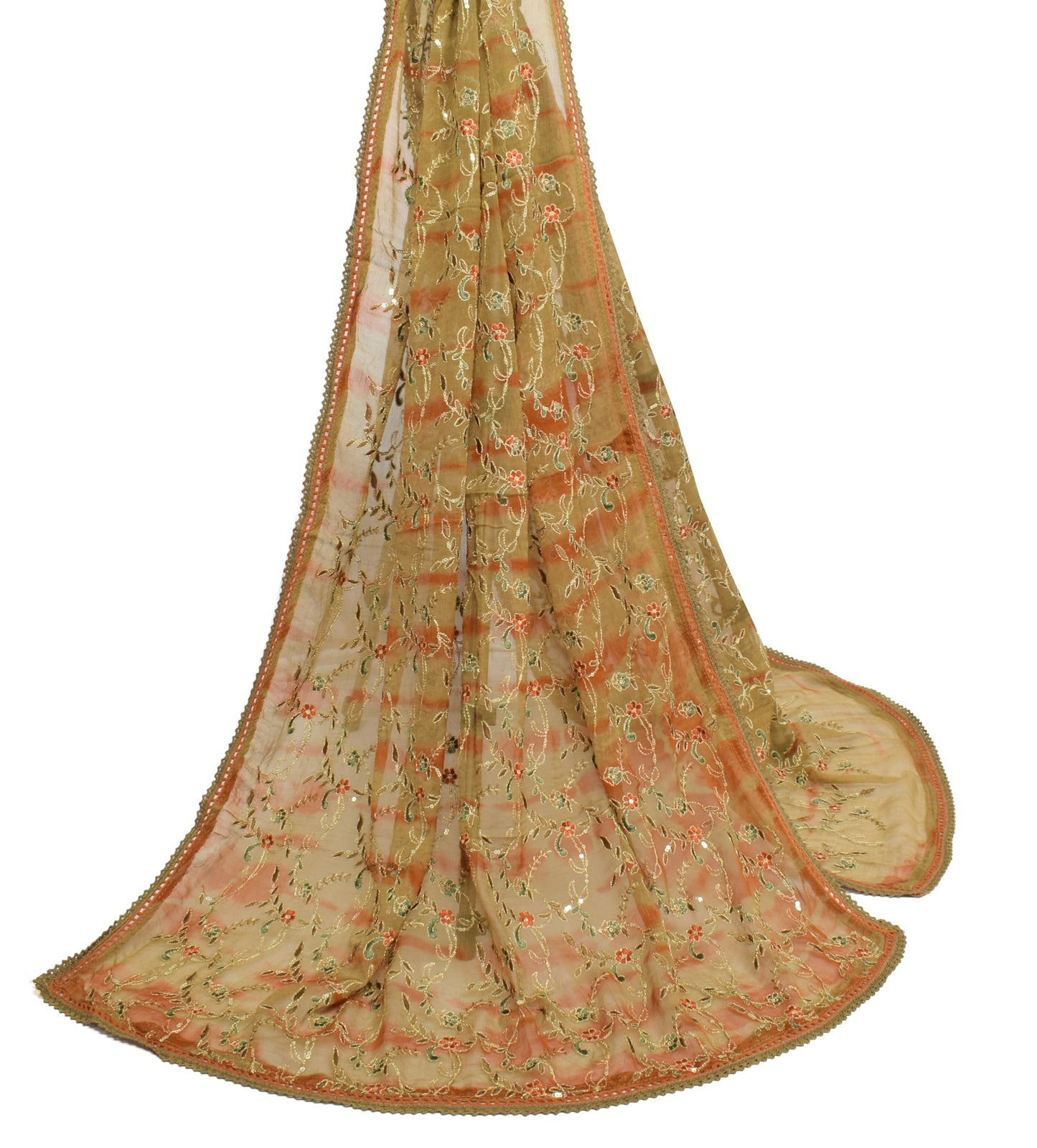 Sushila Vintage Brown Dupatta 100% Pure Chiffon Silk Embroidered Long Stole Wrap