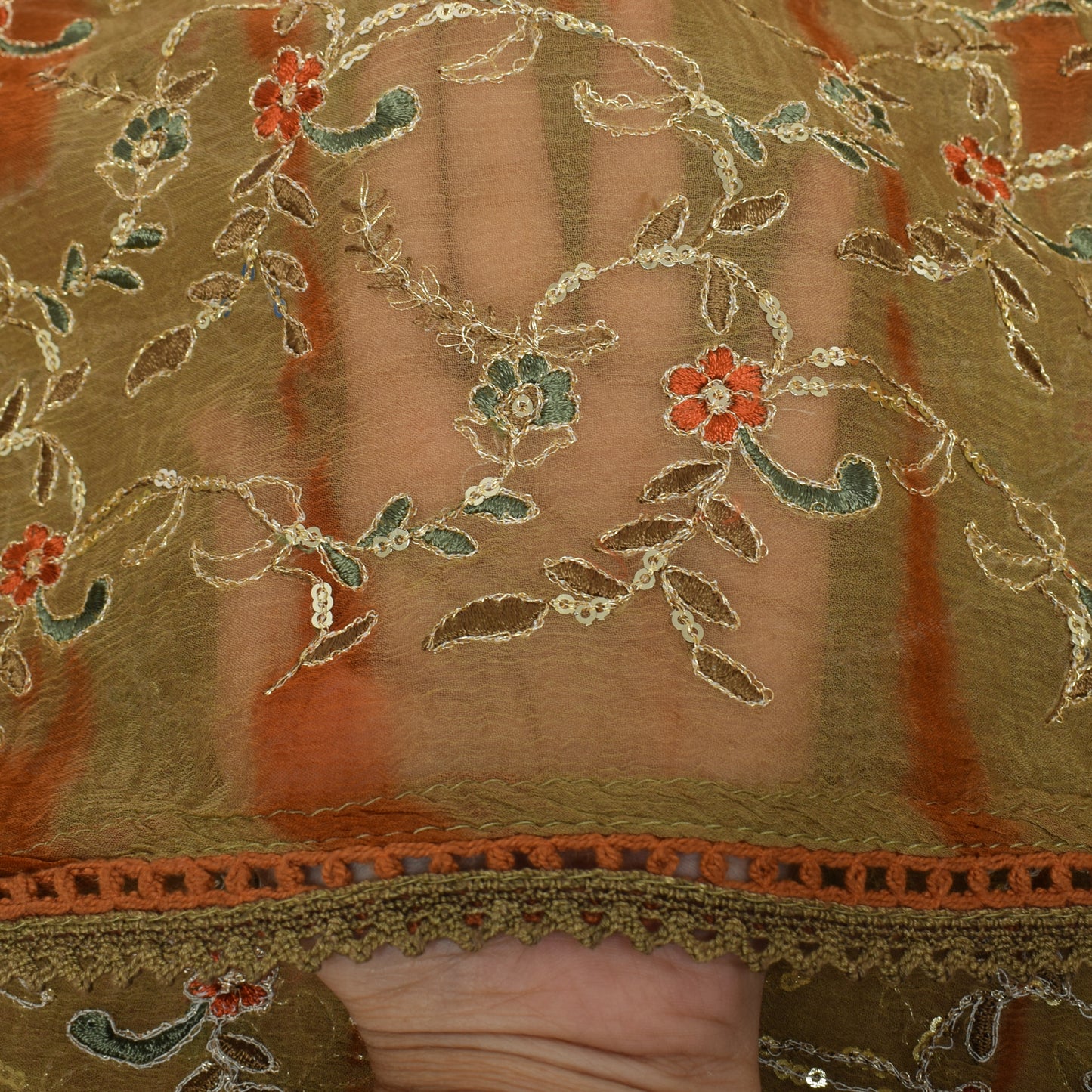 Sushila Vintage Brown Dupatta 100% Pure Chiffon Silk Embroidered Long Stole Wrap