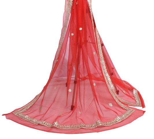 Sushila Vintage Red Dupatta Net Mesh Hand Beaded Gotta Patti Floral Long Stole