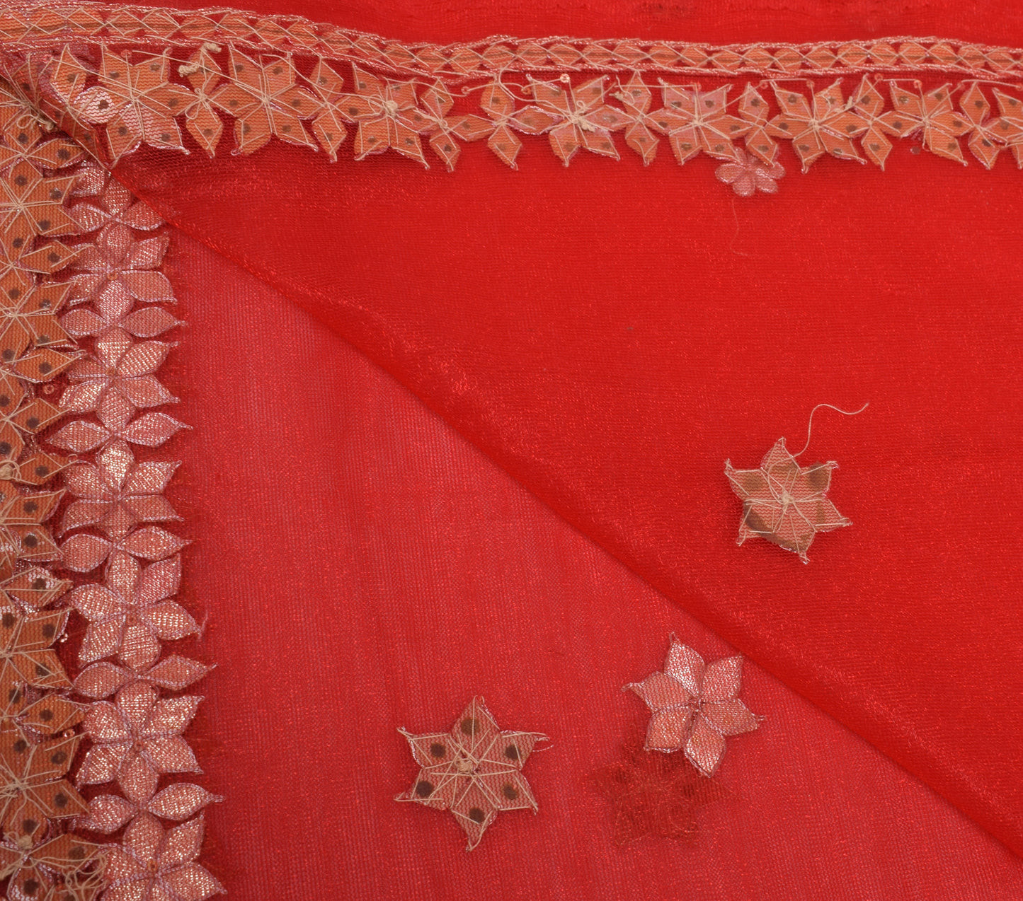 Sushila Vintage Red Dupatta Net Mesh Hand Beaded Gotta Patti Floral Long Stole