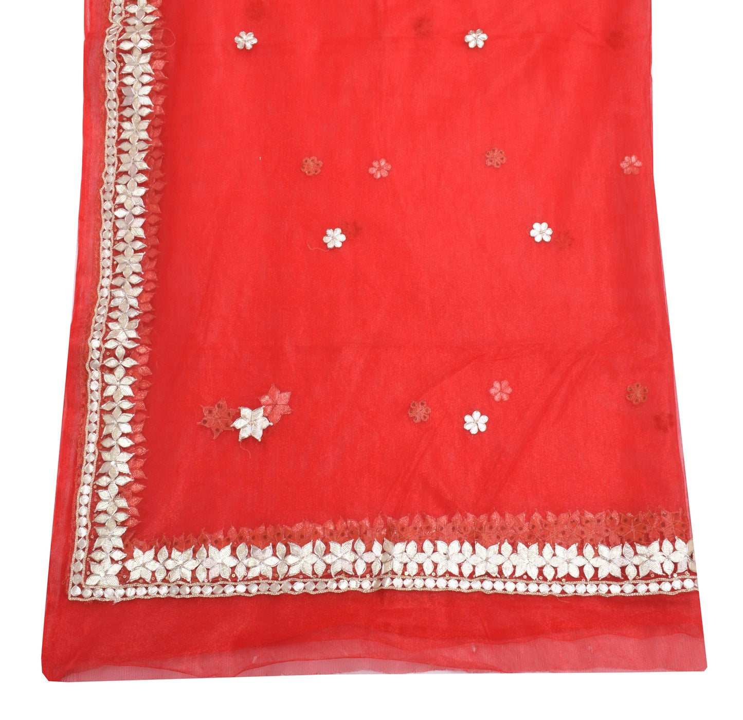 Sushila Vintage Red Dupatta Net Mesh Hand Beaded Gotta Patti Floral Long Stole