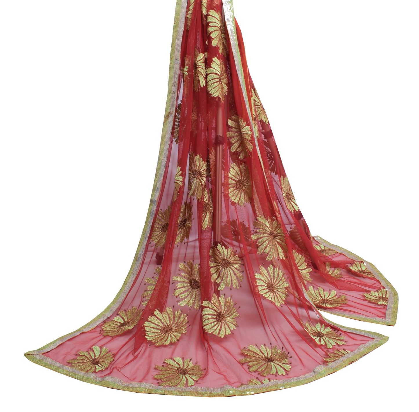 Sushila Vintage Red Dupatta Net Mesh Embroidered Floral Long Stole Wrap Veil