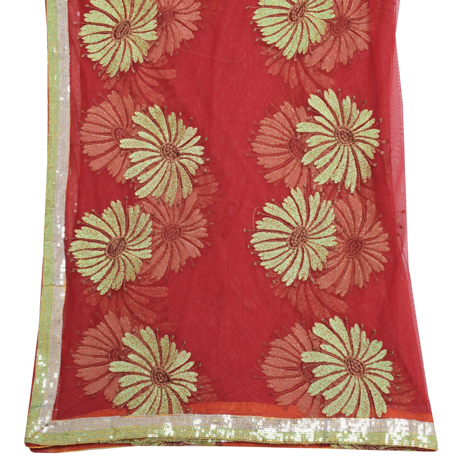 Sushila Vintage Red Dupatta Net Mesh Embroidered Floral Long Stole Wrap Veil