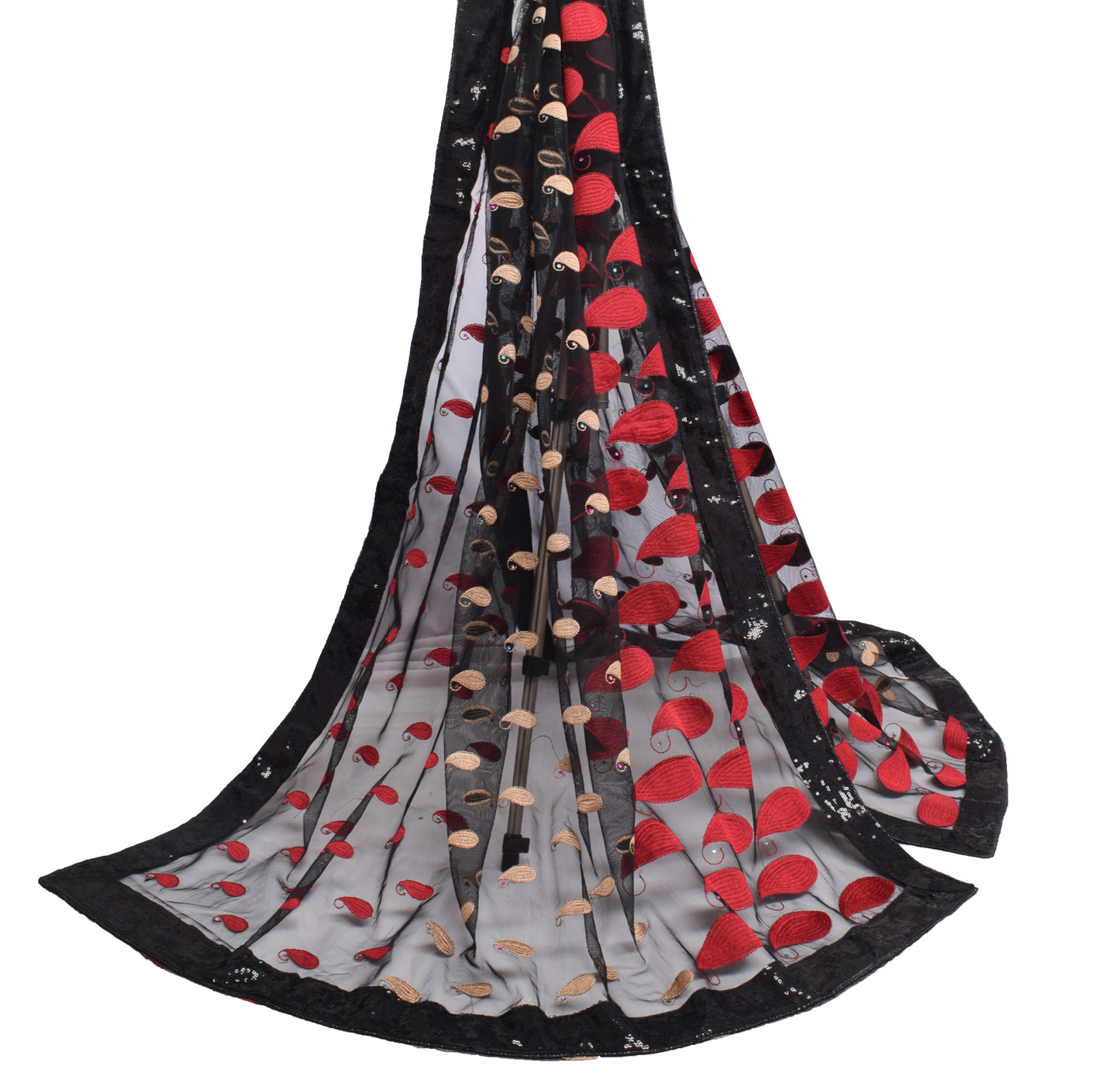 Sushila Vintage Black Dupatta Net Mesh Embroidered Paisley Long Stole Wrap