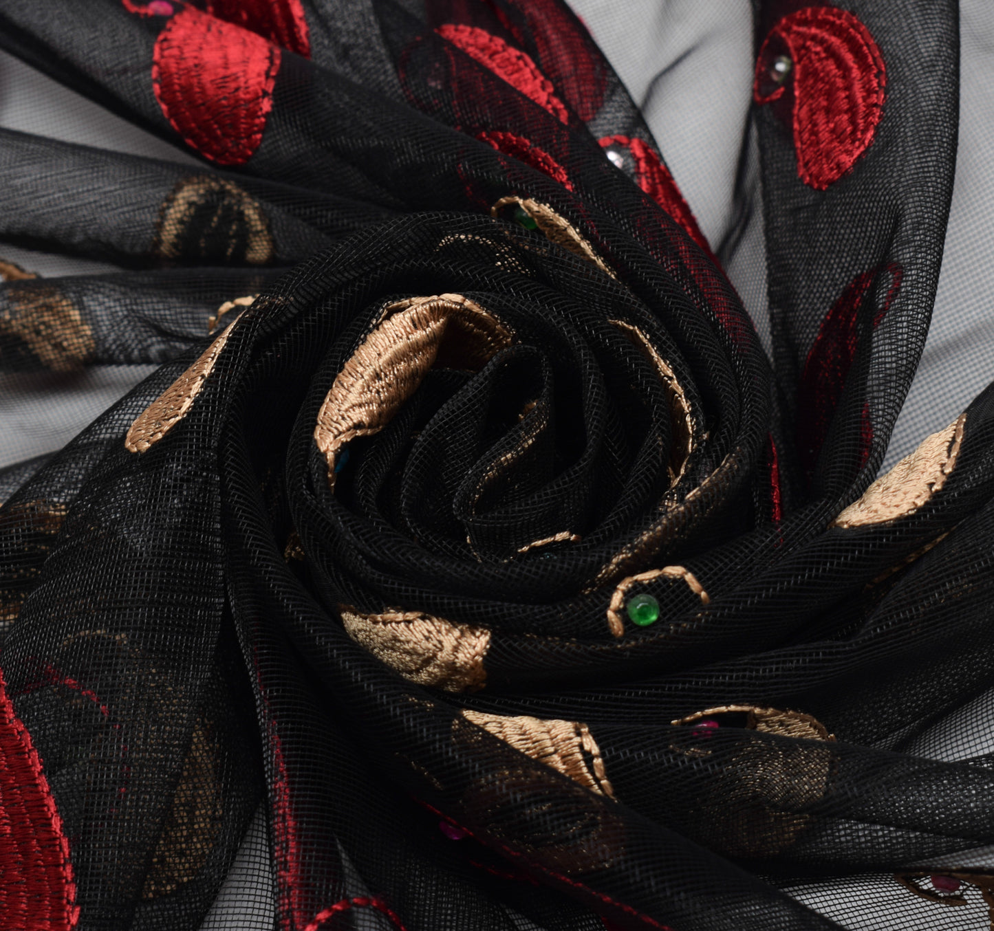 Sushila Vintage Black Dupatta Net Mesh Embroidered Paisley Long Stole Wrap