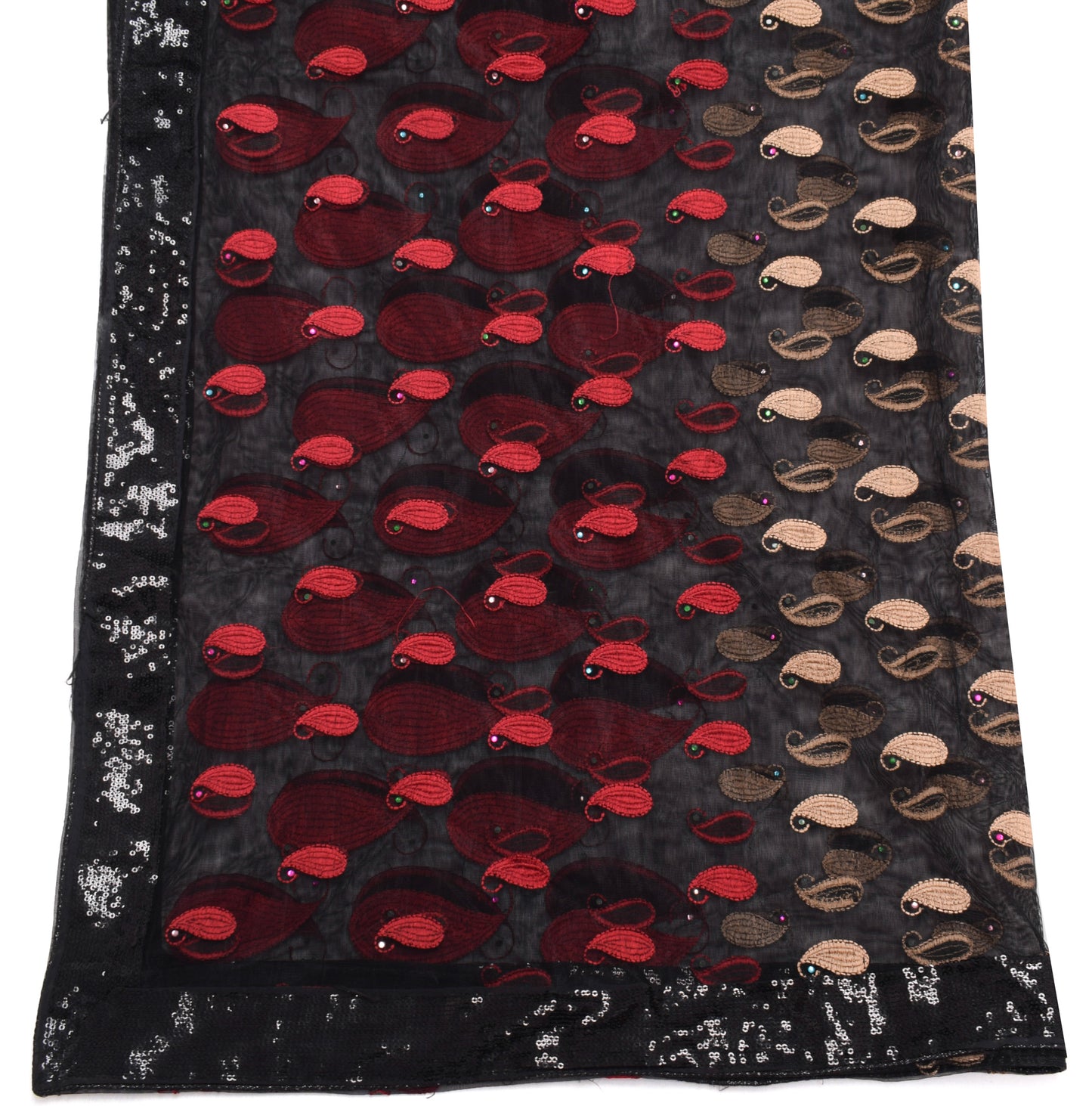 Sushila Vintage Black Dupatta Net Mesh Embroidered Paisley Long Stole Wrap