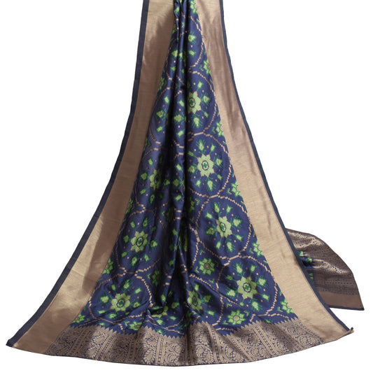 Sushila Vintage Grayish Blue Dupatta Art Silk Woven Floral Long Stole Wrap Veil