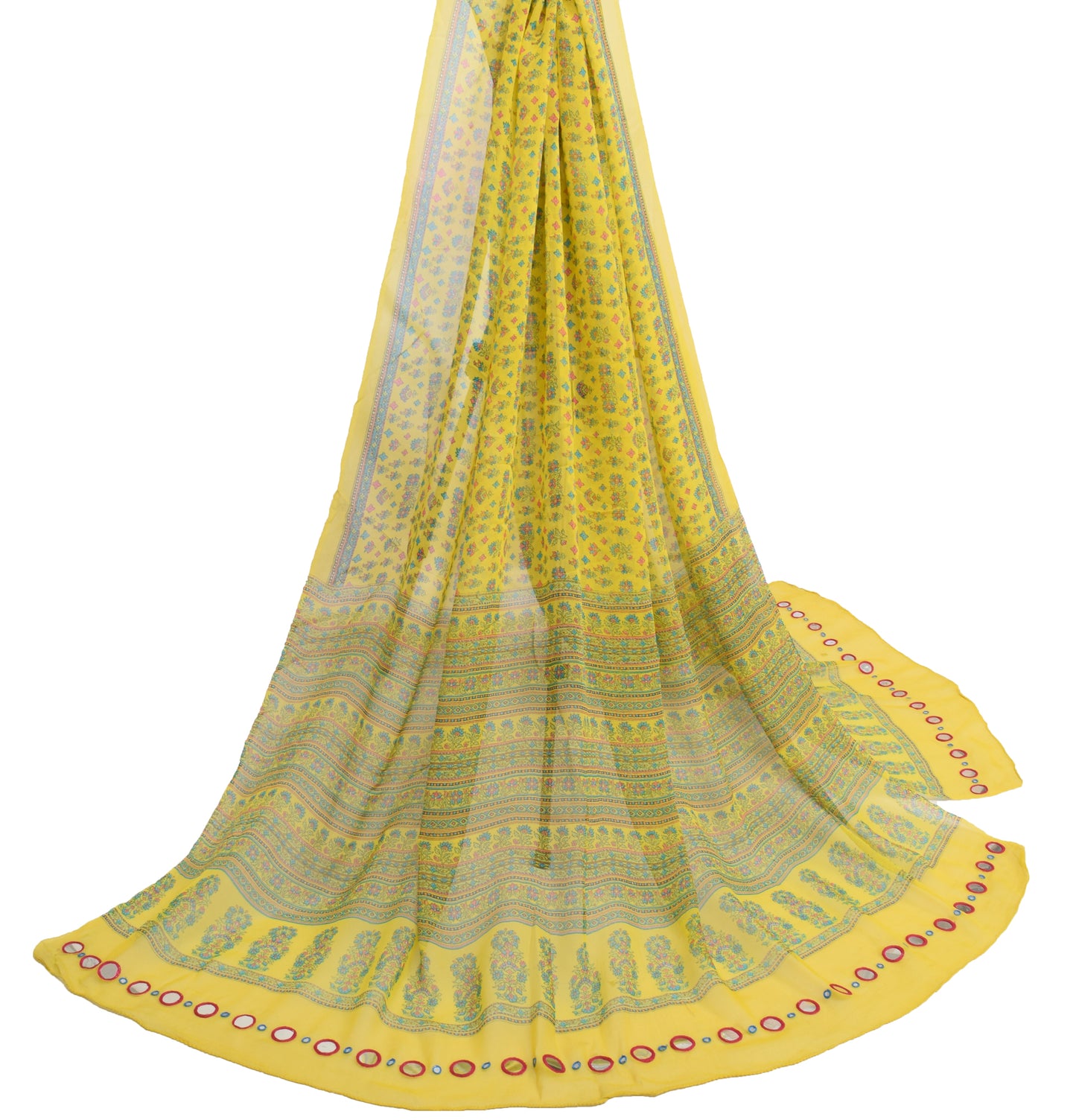 Sushila Vintage Yellow Dupatta 100%Pure Georgette Silk Printed Floral Long Stole
