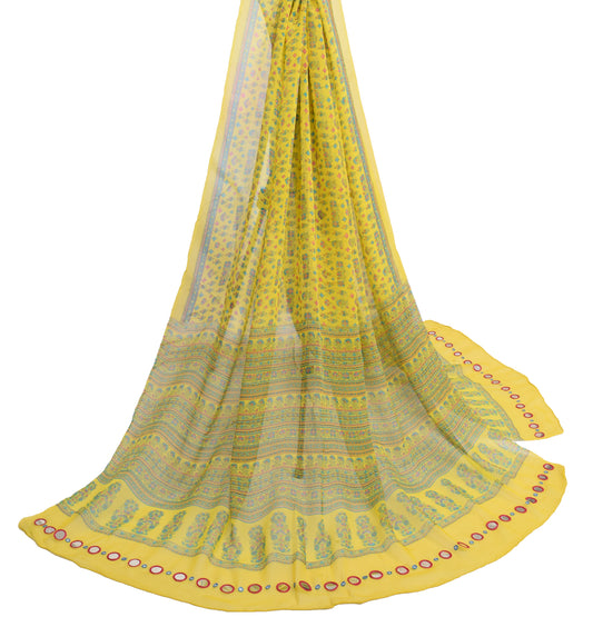 Sushila Vintage Yellow Dupatta 100%Pure Georgette Silk Printed Floral Long Stole