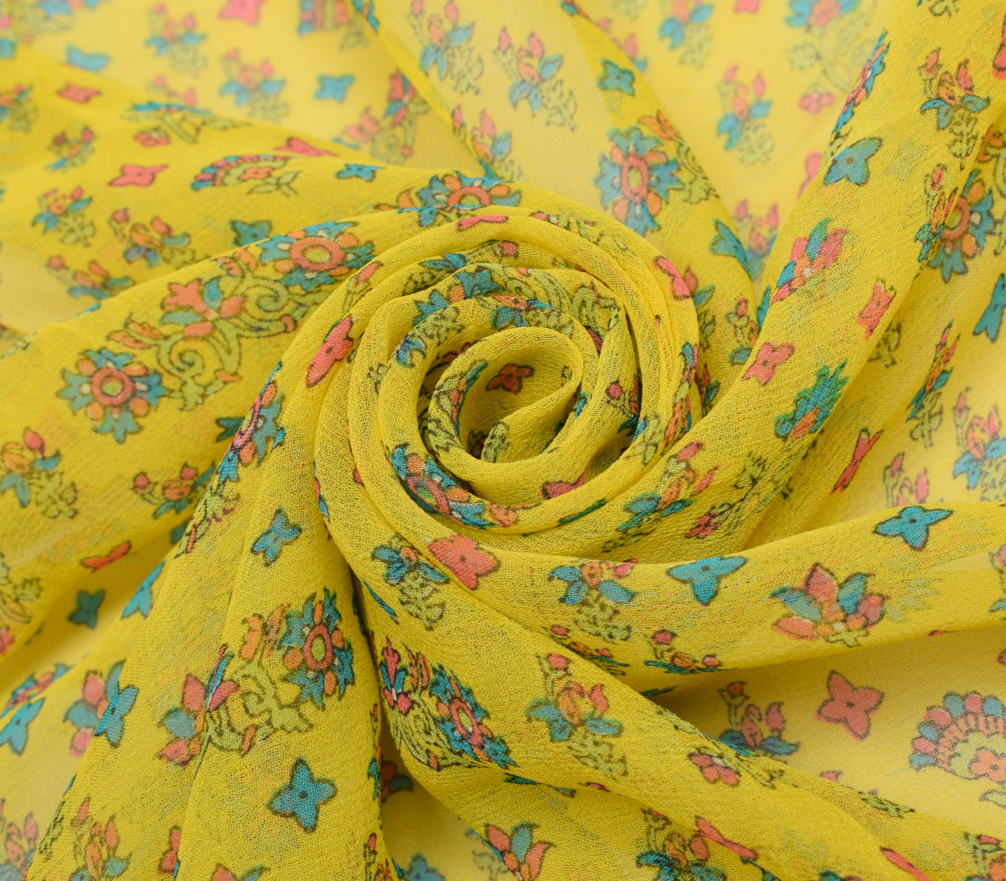 Sushila Vintage Yellow Dupatta 100%Pure Georgette Silk Printed Floral Long Stole