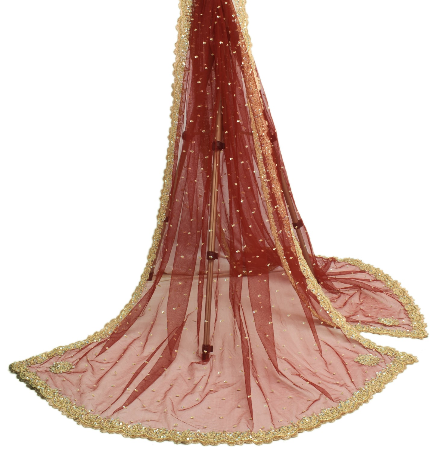 Sushila Vintage Maroon Indian Dupatta Net Mesh Hand Beaded Long Stole Scarves