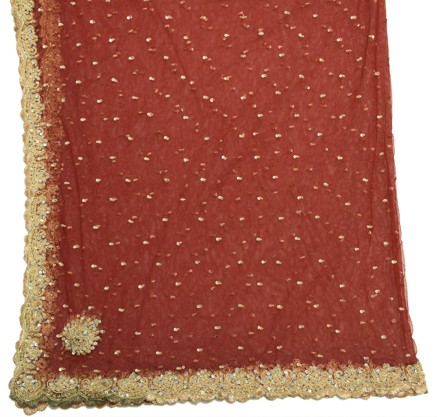 Sushila Vintage Maroon Indian Dupatta Net Mesh Hand Beaded Long Stole Scarves