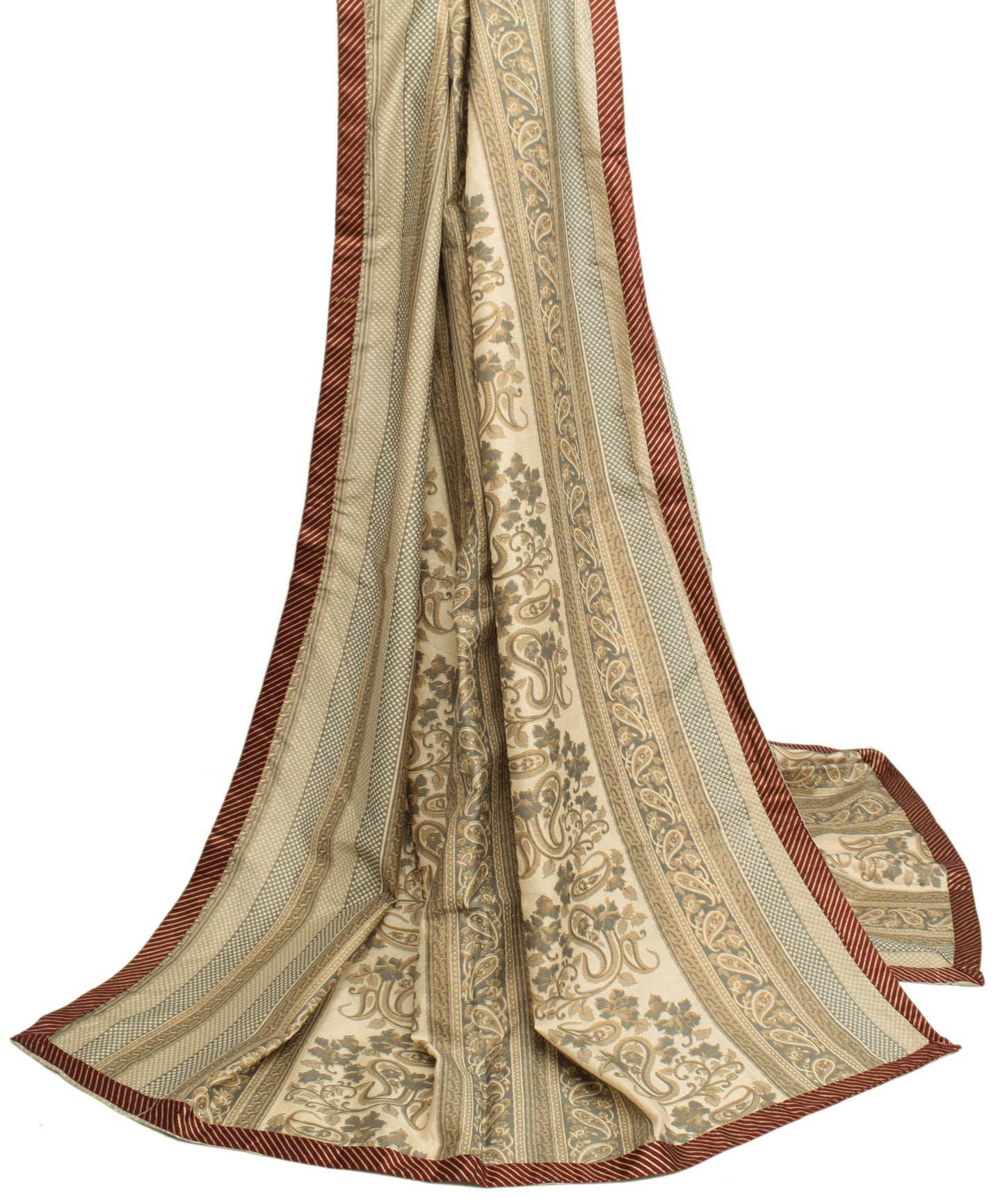 Sushila Vintage Cream & Gray Dupatta Blend Cotton Printed Paisley Long Stole