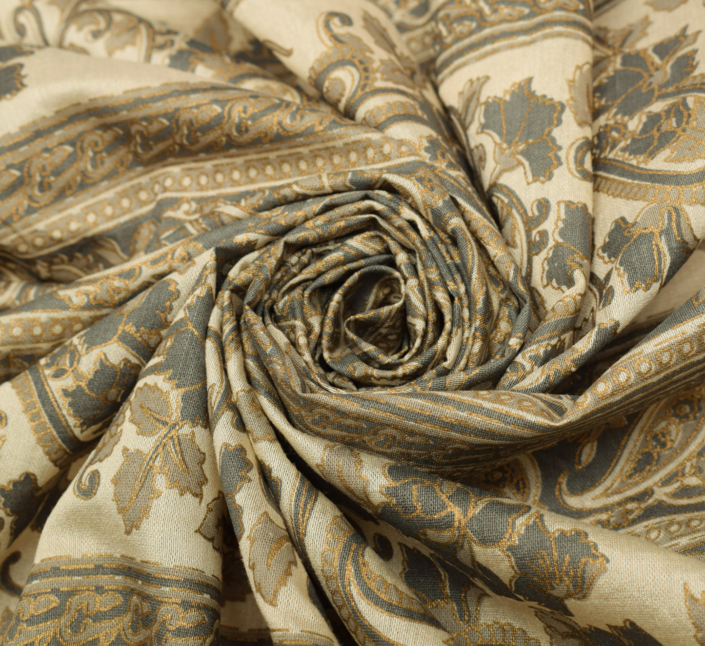 Sushila Vintage Cream & Gray Dupatta Blend Cotton Printed Paisley Long Stole