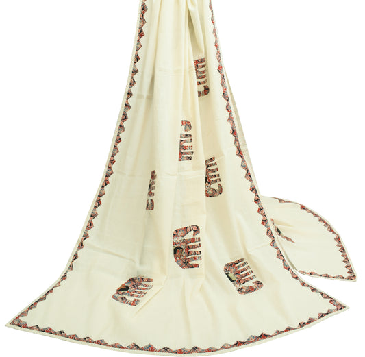 Sushila Vintage Cream Dupatta 100% Pure Cotton Applique Work Animals Long Stole