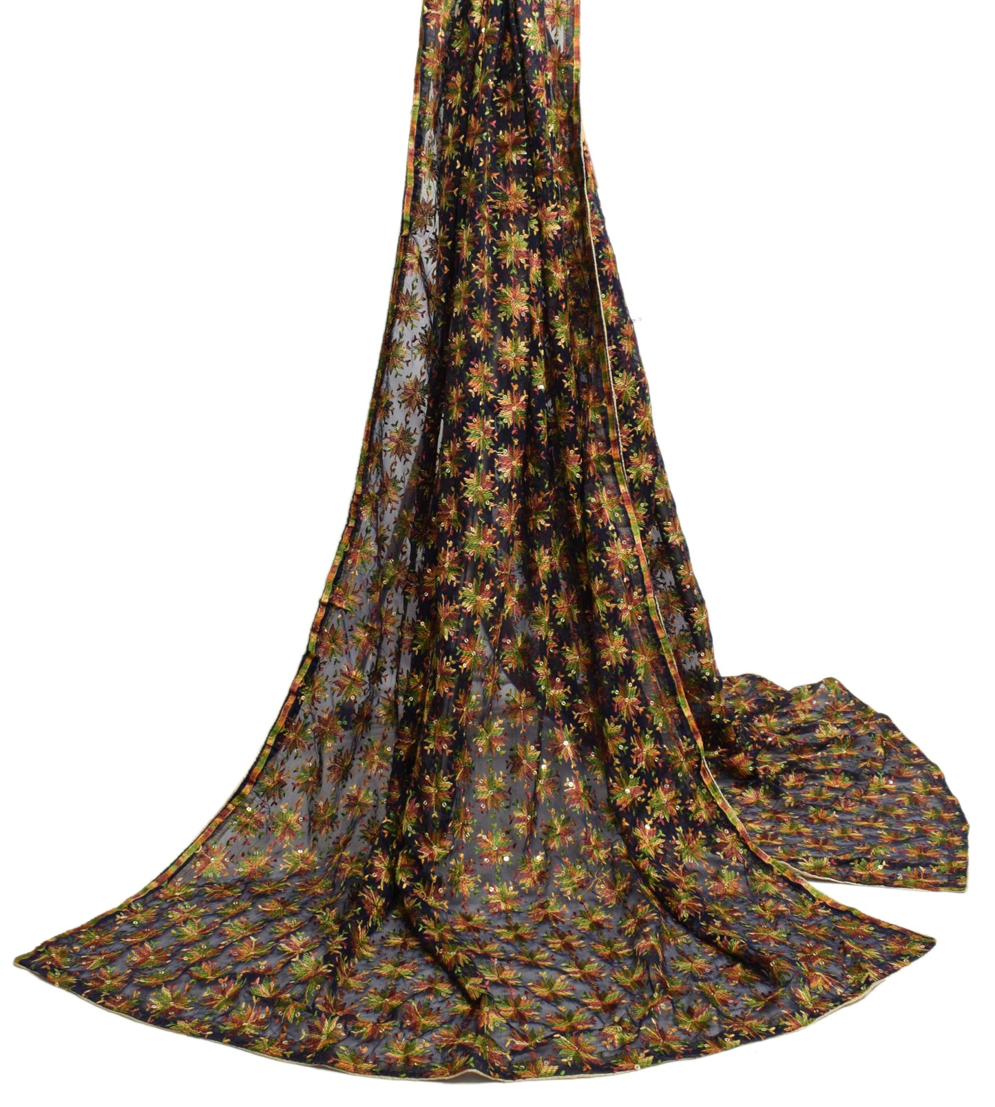 Sushila Vintage Deep Blue Dupatta Chiffon Silk Phulkari Embroidered Long Stole